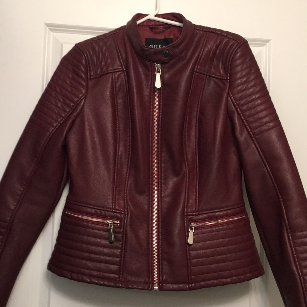 Guess Faux Leather Moto Jacket in Burgundy